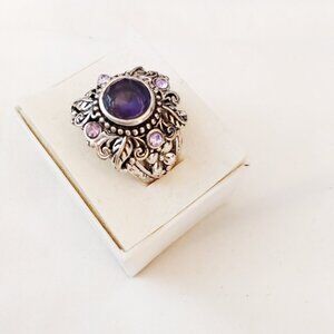 Bohemian Style Amethyst with Zircons Sizes Silver Ring 6, 8